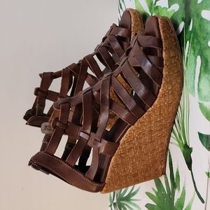 Bed Stu Brown Leather Wedge Sandals, Size 9B
